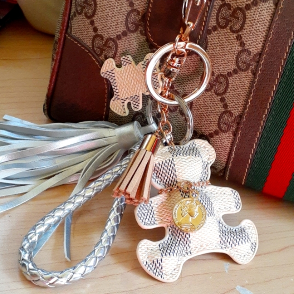 Bag Charm Keychain TEDDY BEAR Damier Azur Handmade with Charms & Tassel
